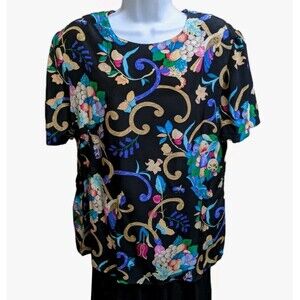 Vintage Diane Von Furstenberg 100% Silk Blouse Top Sz L Black Hummingbird DVF
